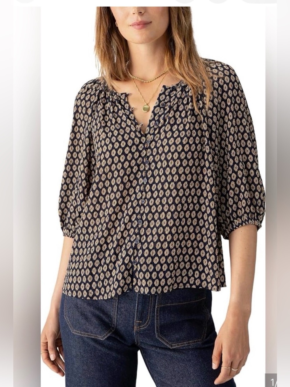Sanctuary Navy Geometric Puff-Sleeve Blouse